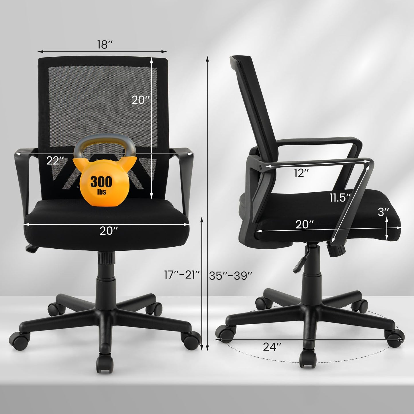 Giantex Office Desk Chair with Lumbar Support, Ergonomic Mesh Office Chair with Wheels and Armrests, Mid Back Rolling Swivel Adjustable Task Chair, Executive Computer Chair for Home Office, Black