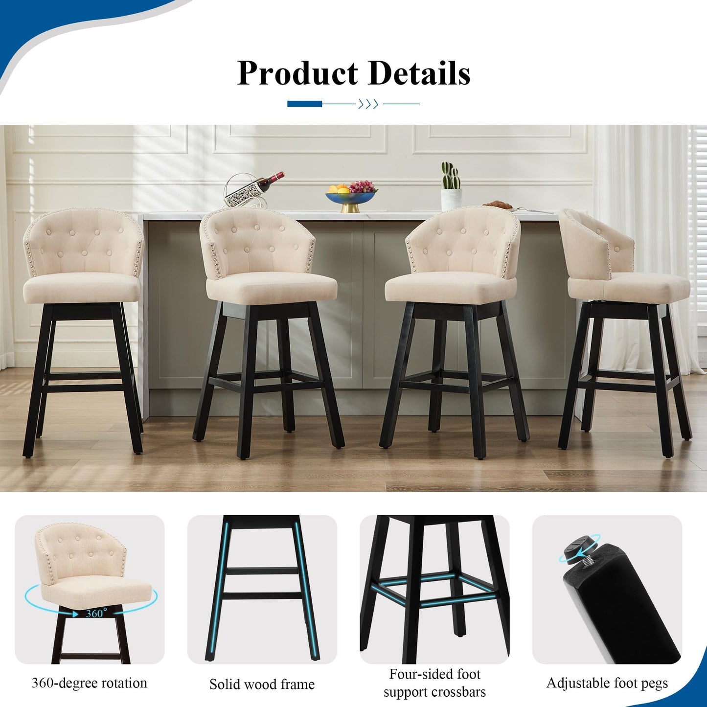 UDAX 29''Swivel Bar Stools Set of 2, Upholstered Barstools with Backs, Modern Counter Height Bar Stool Chairs for Kitchen Island, Wood Legs, Counter Stools