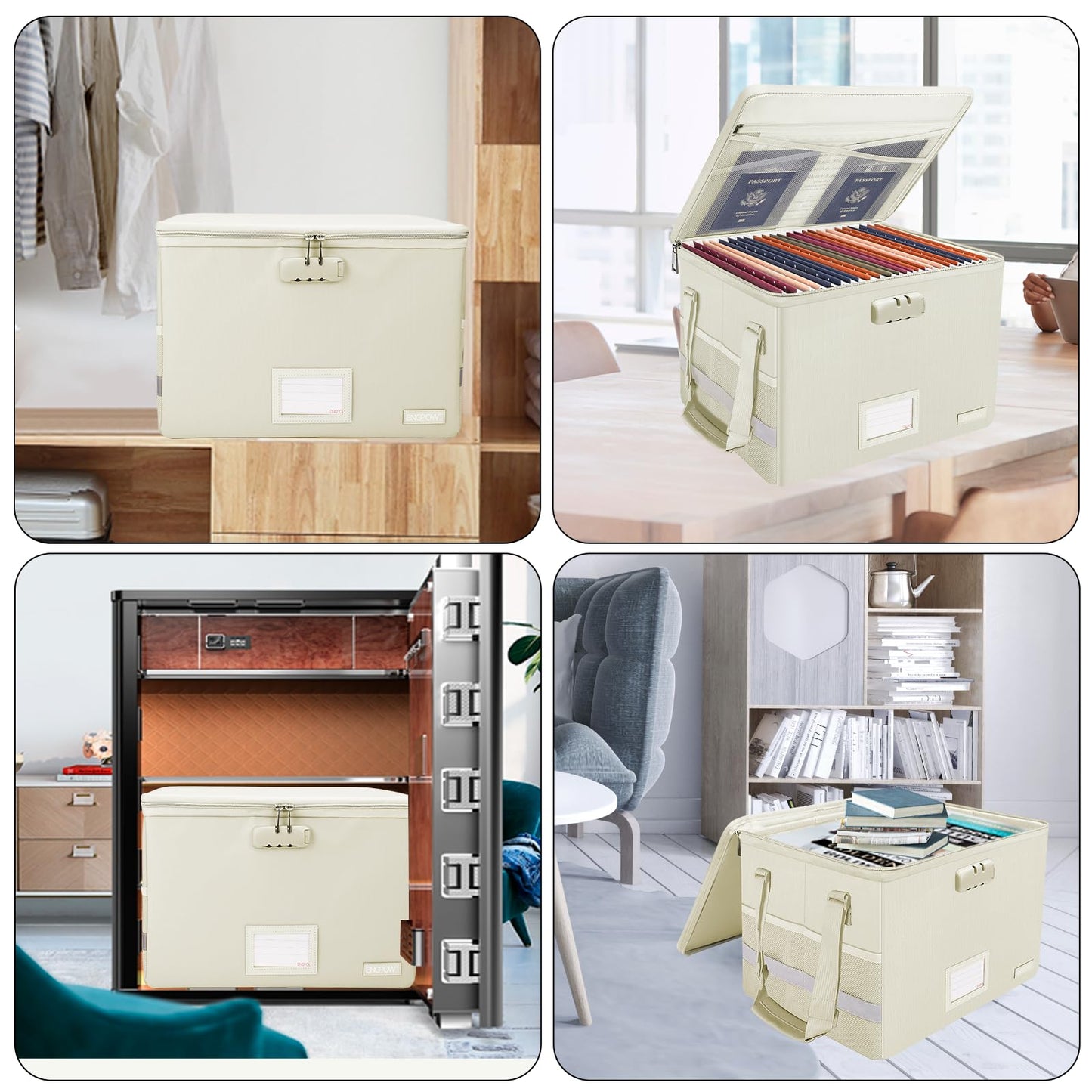 ENGPOW File Box with Lock, Fireproof Document Box with Zipper Lid, Collapsible File Storage Organizer Filing Cabinet with Handles, Portable Home Office Safe for Hanging Letter/Legal Folders, Beige