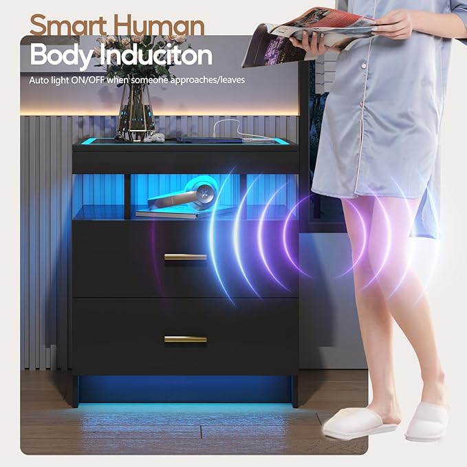 LED Nightstand with Wireless Charging Station, Glass Top Smart Bedside Table
