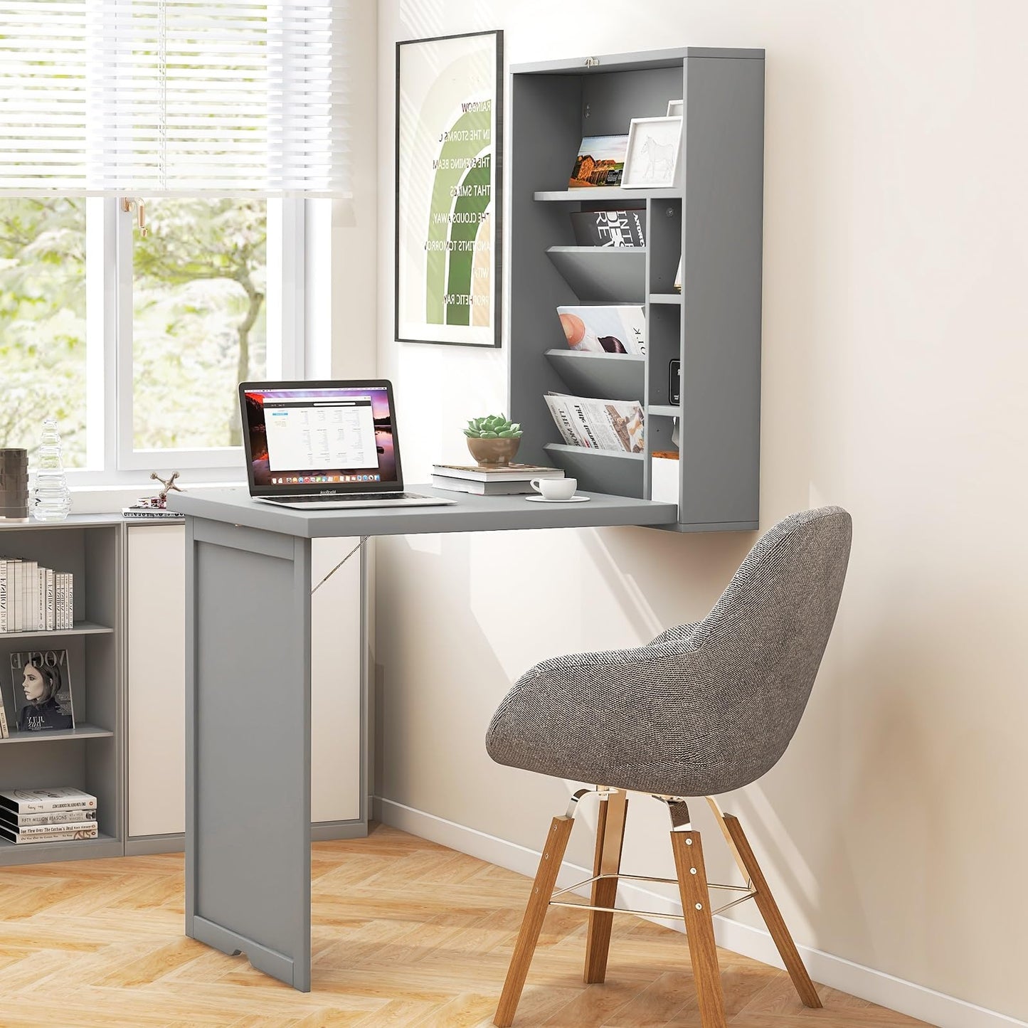 Byroce Wall Mounted Desk, Wood Collapsible Floating Desk, Convertible Computer Desk with Storage Area, Hanging Fold Out Table for Home Office, Small Spaces (Grey)