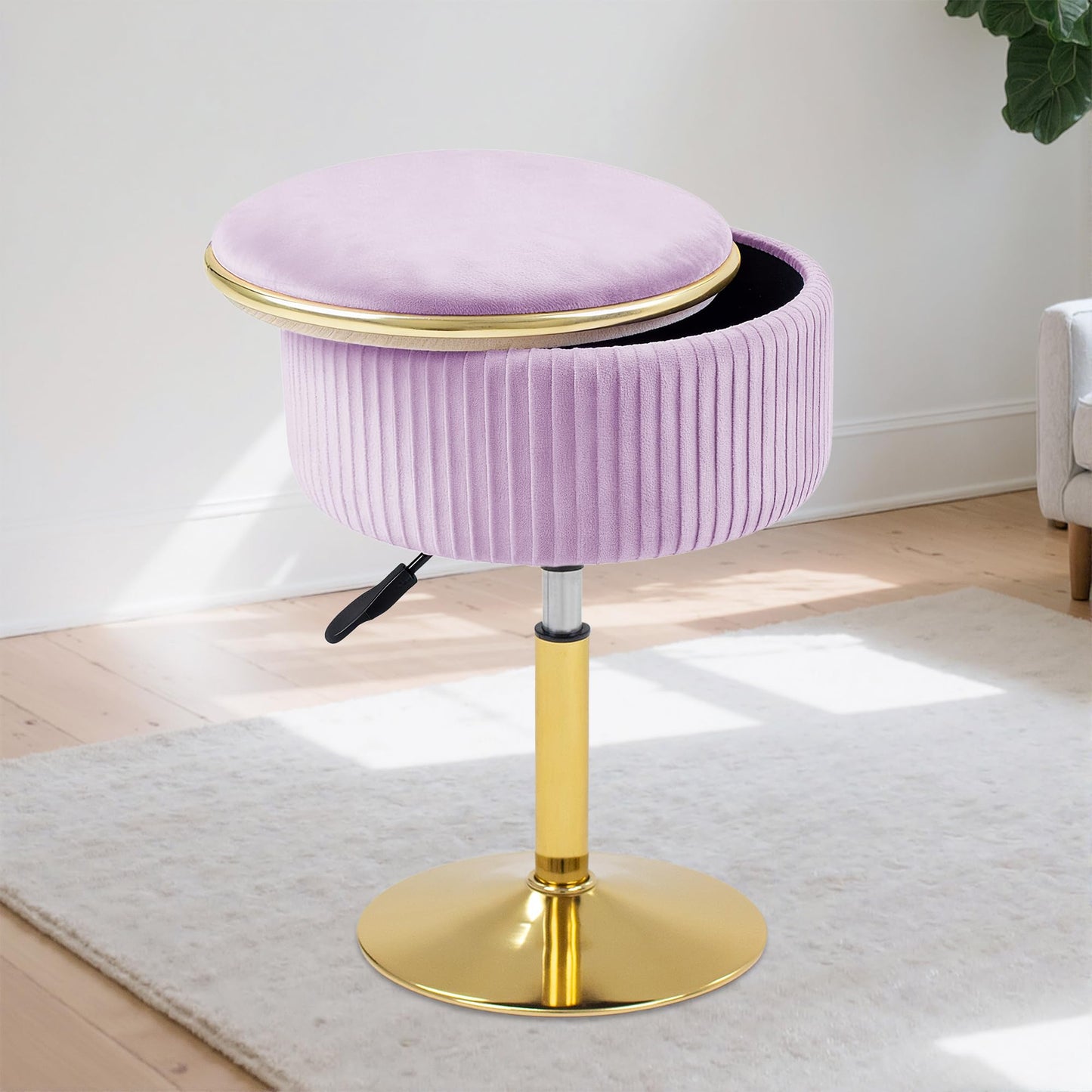 MRITWAII Adjustable Vanity Stool with Storage, 360° Swivel Makeup Stool Chair Small Velvet Round Ottoman with Gold Base for Bedroom (Purple)