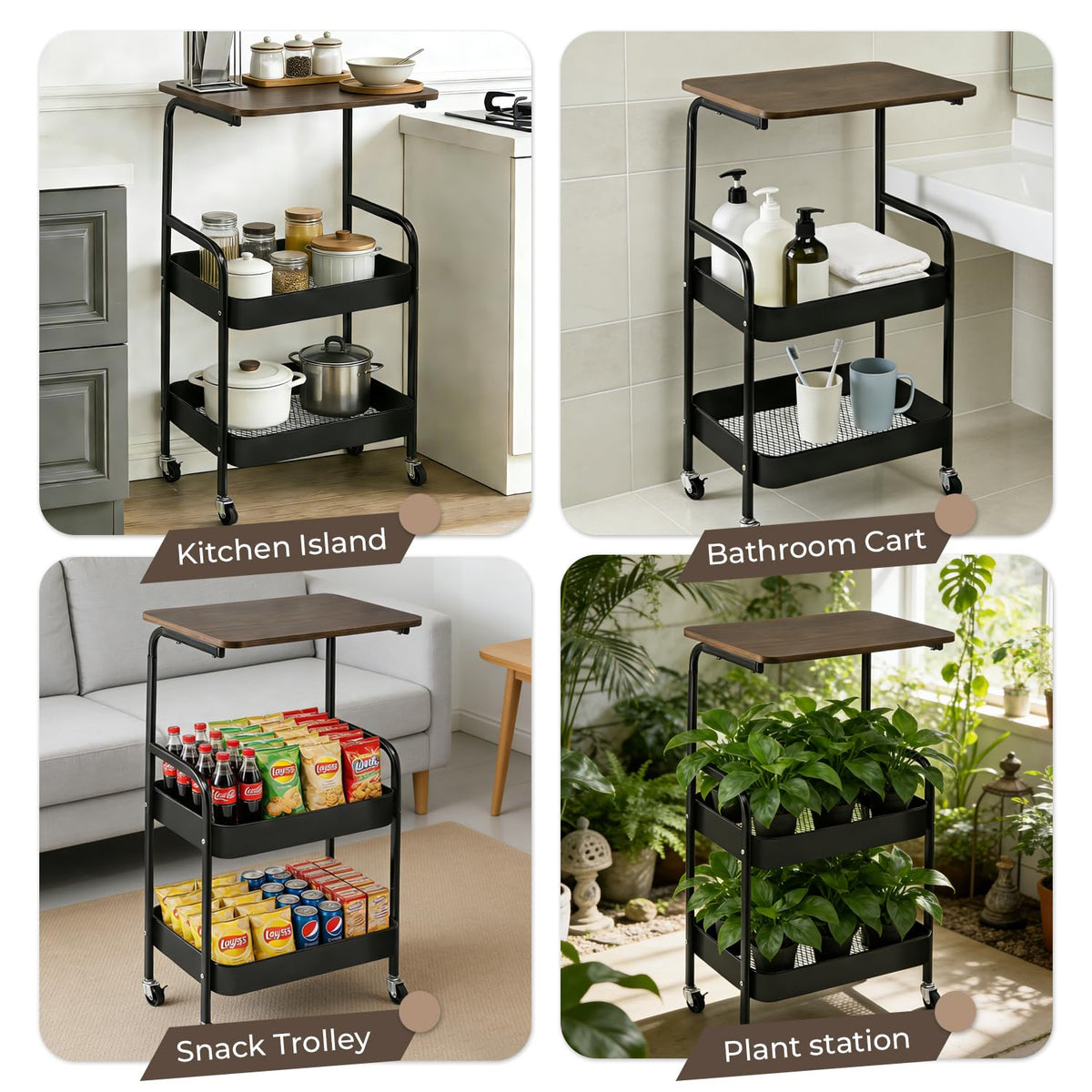 Y YOMA 3 Tier Rolling Utility Cart with Table Top, Metal Storage Organizer with Wheels for Small Space, Office, Kitchen, Bathroom, Dorm, Coffee Station - Black
