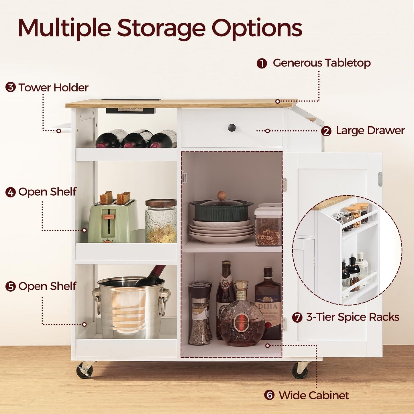MAHANCRIS Kitchen Island with Power Outlet, Kitchen Storage Island with Drawer, Rolling Kitchen Cart on Wheels, Spice Rack, Towel Rack, Wine Rack, for Dining Room, White and Natural KINW122E01N1