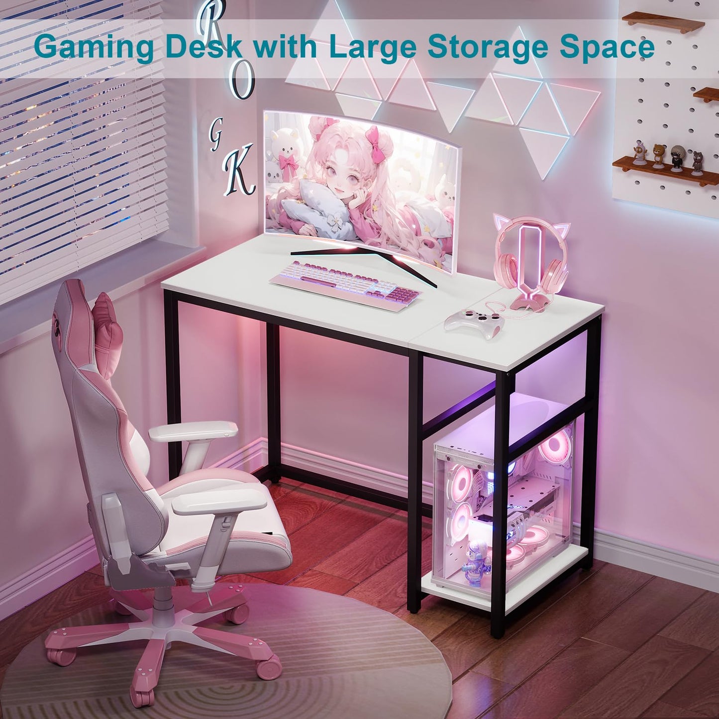 SINPAID Computer Desk 47 inches with 2-Tier Shelves Sturdy Home Office Desk with Large Storage Space Modern Gaming Desk Study Writing Laptop Table, White Desk