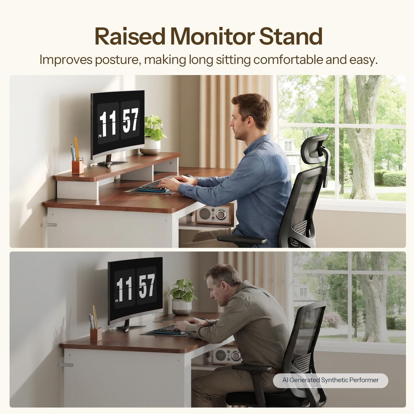 HOOBRO Farmhouse Executive Desk, Computer Desk with Charging Station, Office Desk with Monitor Stand & Adjustable Shelf, Small Desk for Small Space, Study, Living Room, White and Walnut WH85UDN01