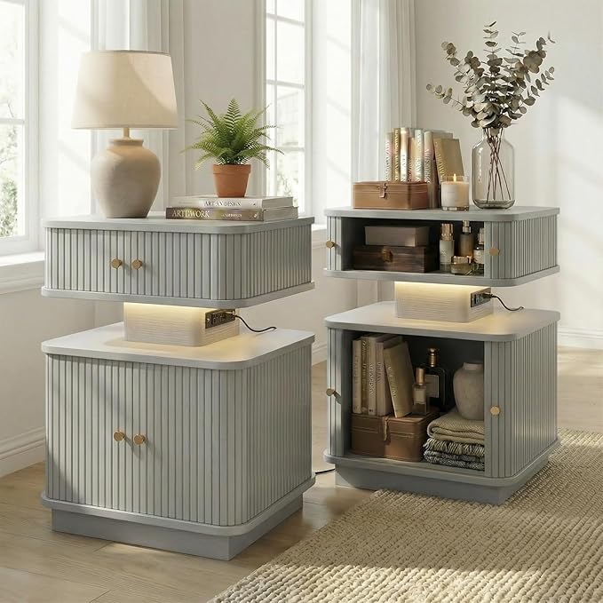 Nightstand with Charging Station, Modern Night Stand with Smart Led Light and 2