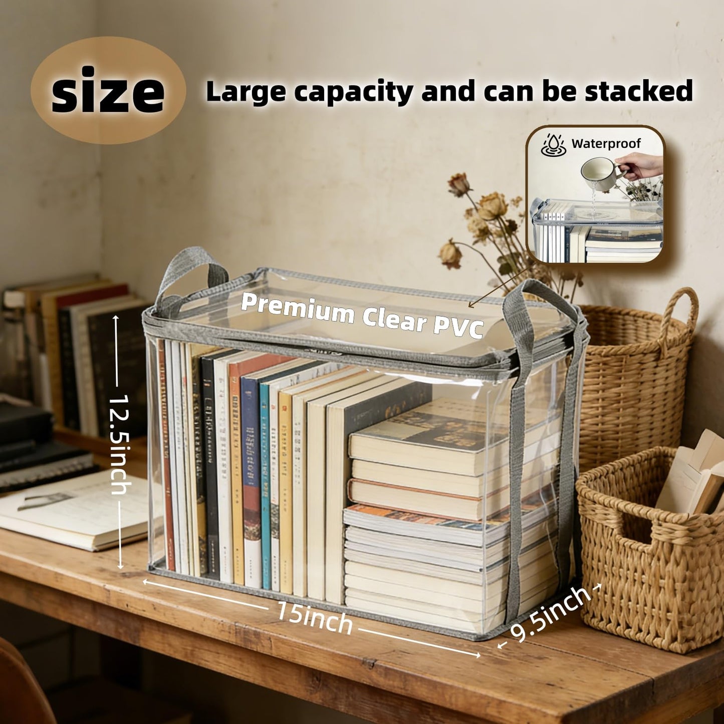 2-Pack Large Clear Book Storage Bags - Waterproof Plastic Comic Book Bin with Carrying Handles - Portable Book Display Case & Closet Organizer for Used Books, DVDs and Magazines - 15" x 9.5" x 12.5"