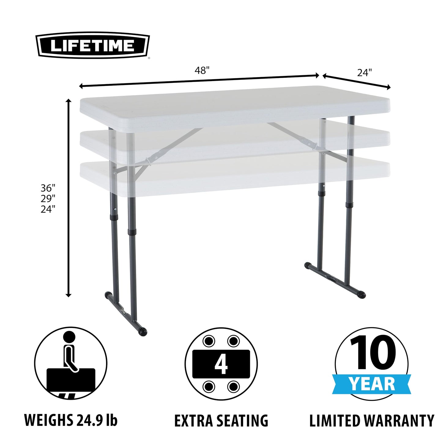 Lifetime Commercial Height Adjustable Folding Utility Table, 4-Foot
