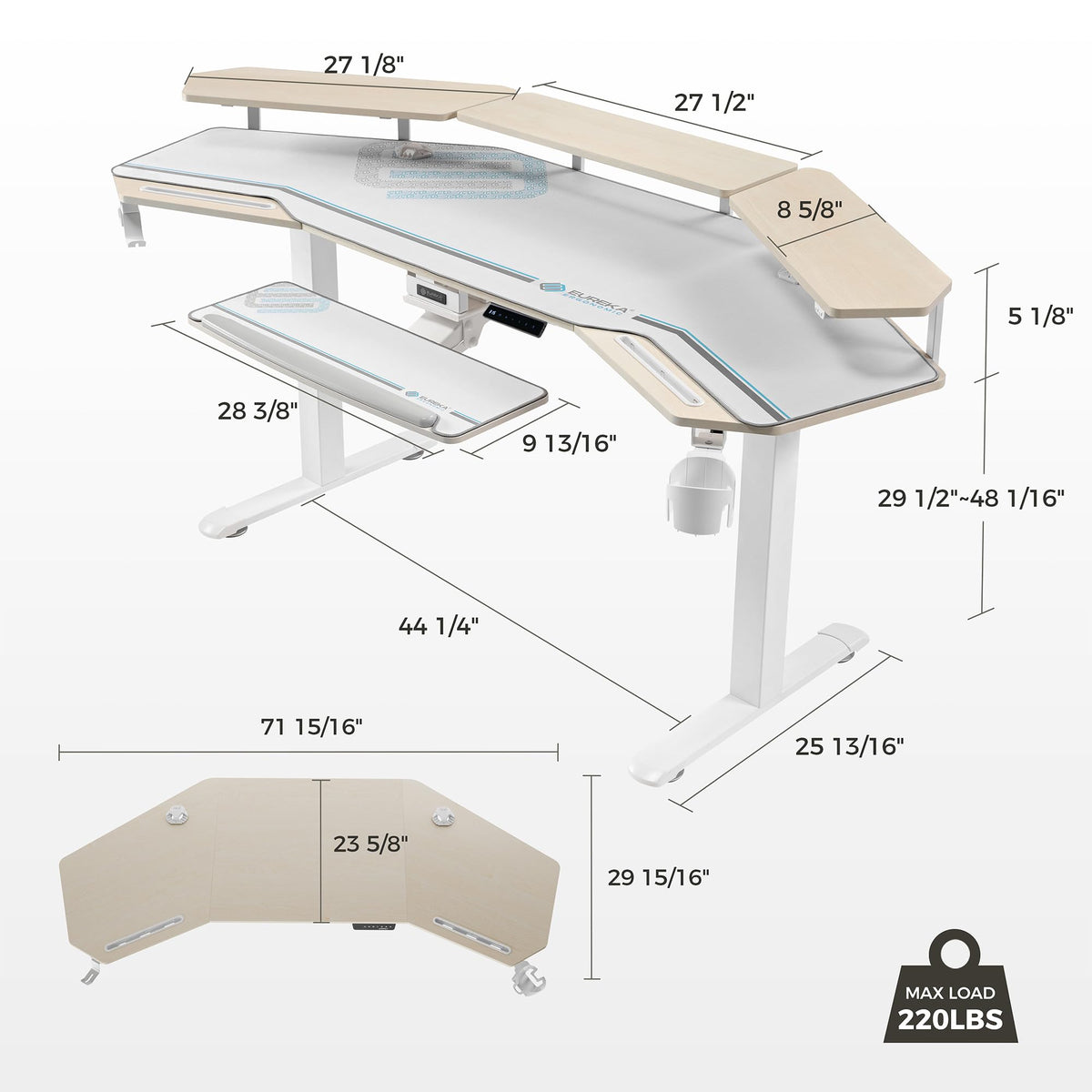 EUREKA ERGONOMIC Standing Desk with Keyboard Tray, Large Music Studio Gaming Desk, Wing Shaped Sit Stand Table 72'', LED Convertible Shelves, Dual Motor&Slot, Maple