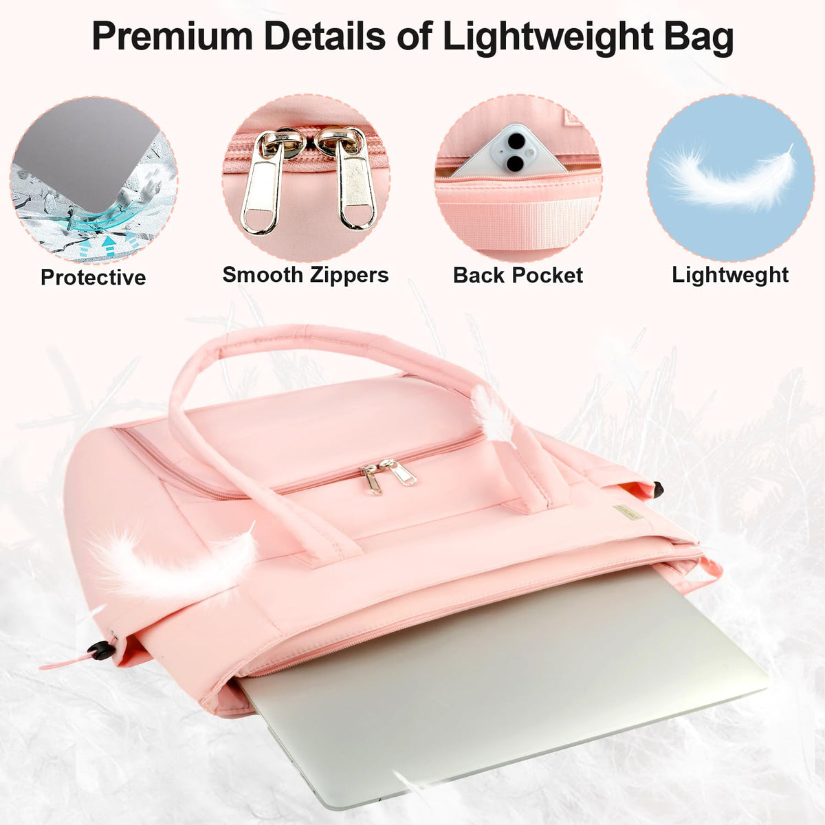 Veirdro Work Laptop Tote Bag for Women with Insulated Lunch Compartment, Lightweight Puffy Lunch Tote Bag with 15.6 Inch Laptop Compartment, Quilted Laptop Bags for Office Commuter Teacher Nurse Pink