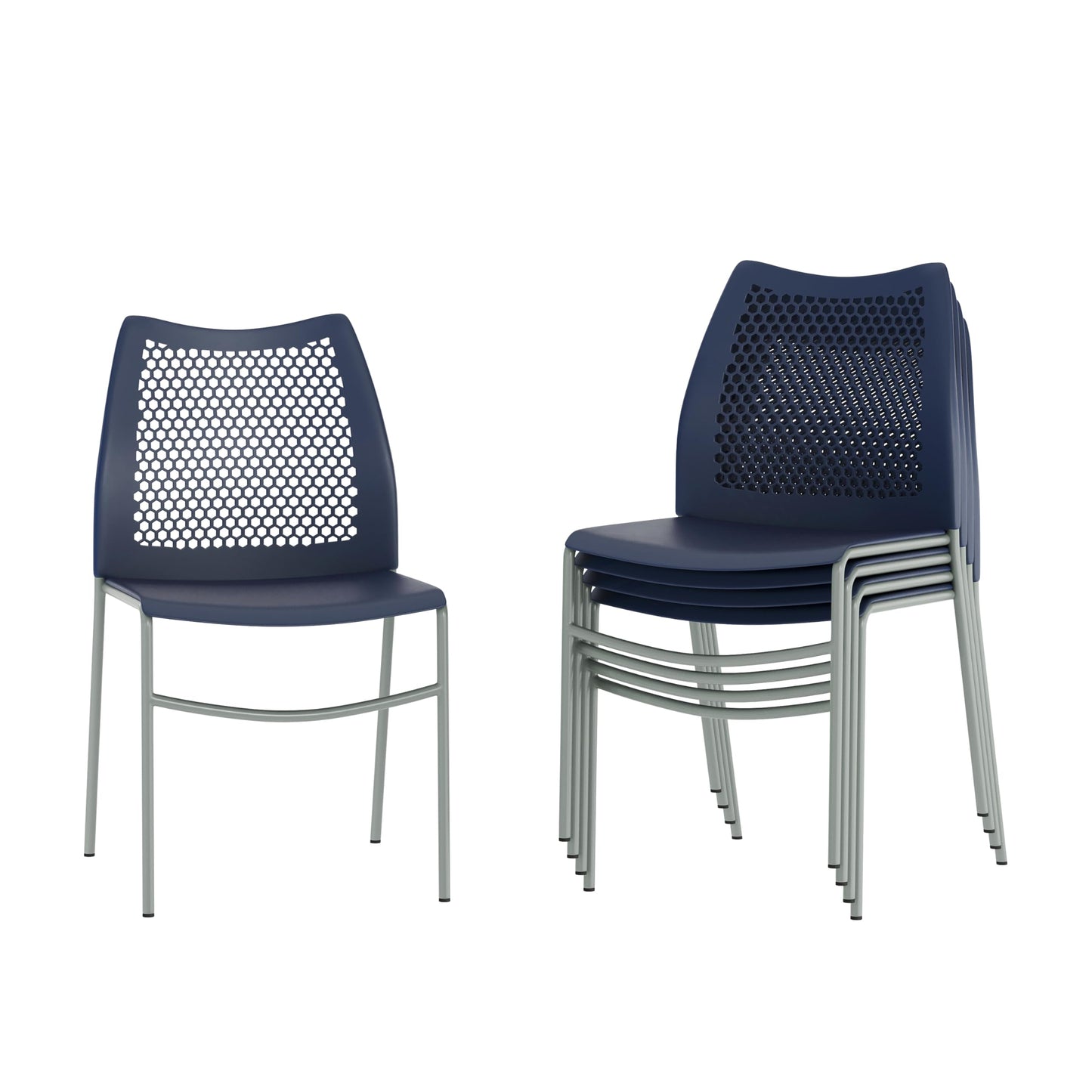 Flash Furniture Hercules Stacking Chair with Vented Backrest and Gray Powder Coated Steel Legs with Integrated Support Bar, Commercial Portable Chair - Set of 5, Navy