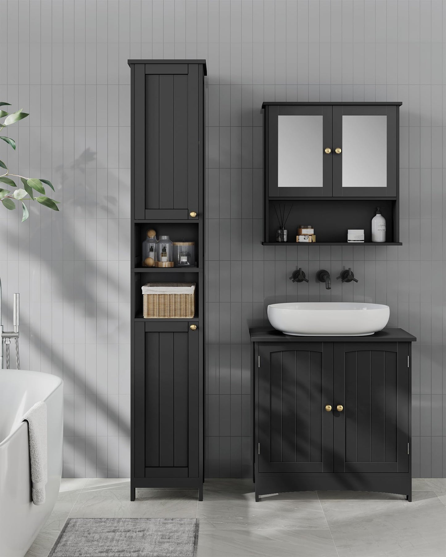 VASAGLE Tall Storage Cabinet with Lights, Slim Freestanding Cabinet with Adjustable Shelves, for Small Spaces, Bathroom, Living Room, Modern, 11.8 Inches Wide, Ink Black UBBK566BC01S