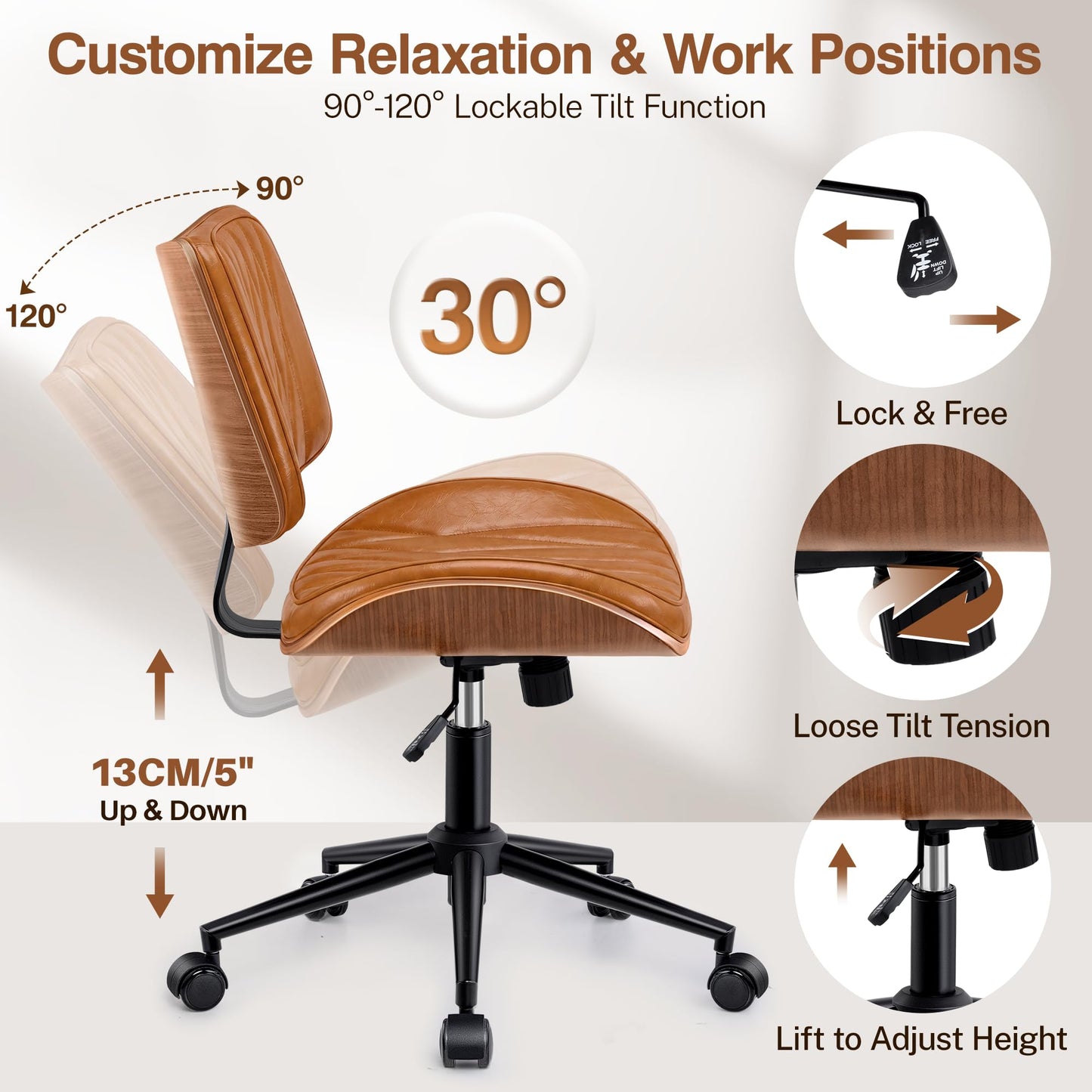 Ergonomic Armless Office Desk Chair - Mid-Century Retro Orange Faux Leather with Diamond Stitch, Adjustable Height Swivel Rolling Task Computer Chair with Walnut Accent for Home Office, Study & Work