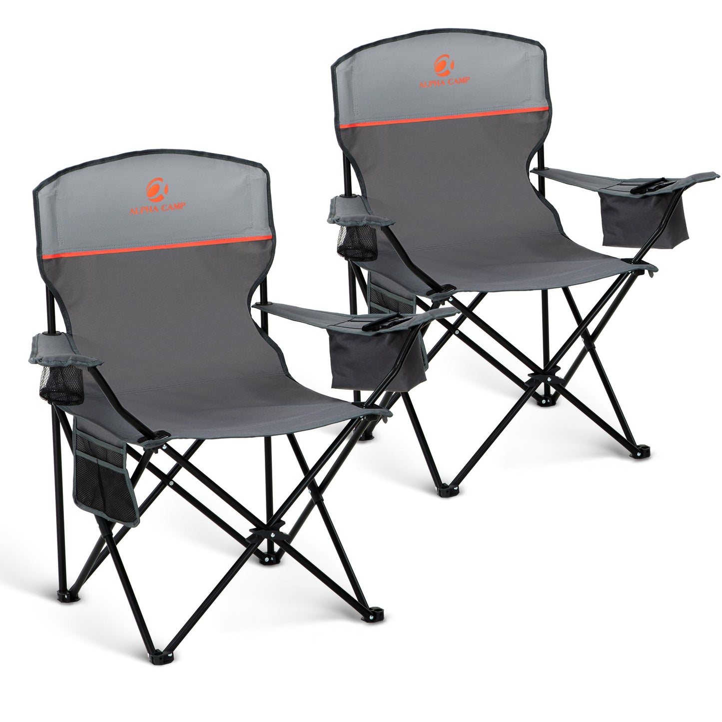LET'S CAMP Camping Chair 2 Pack Folding Chair with 4-Can Cooler Bag Portable Lawn Chair with Cup Holder,Storage Pocket, Supports 250LBS, Collapsible Chair for Camp, Beach, Picnic (Grey)