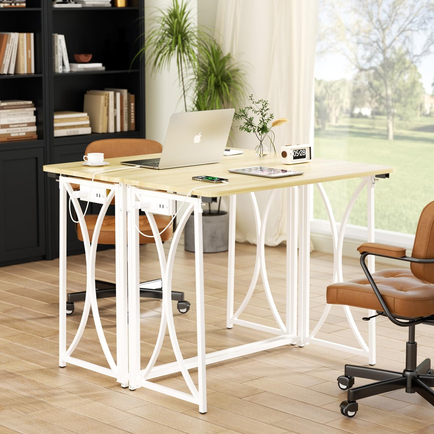 coeztt Mini Desk, 31.5" Small Desk for Bedroom with Power Outlet, Foldable Desks for Small Spaces & Home Office, Easy Assembly, Beige Floor Patten