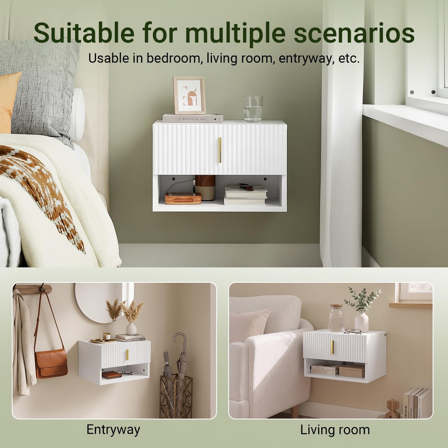 SoBuy Floating Nightstand with LED Sensor Light – Slim Wall Mounted Bedside Table with Drawer and Open Shelf, Modern Narrow White Nightstand for Small Bedrooms and Dorms, FBT176-E-W