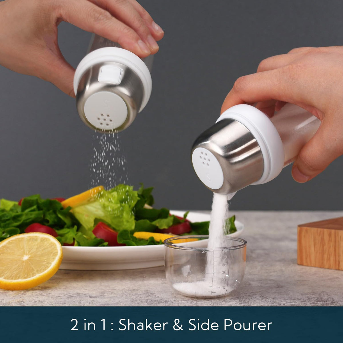 KITCHENDAO Large Acacia Salt Cellar Box and 2 in 1 Glass Salt Shaker with Side Pour Spout