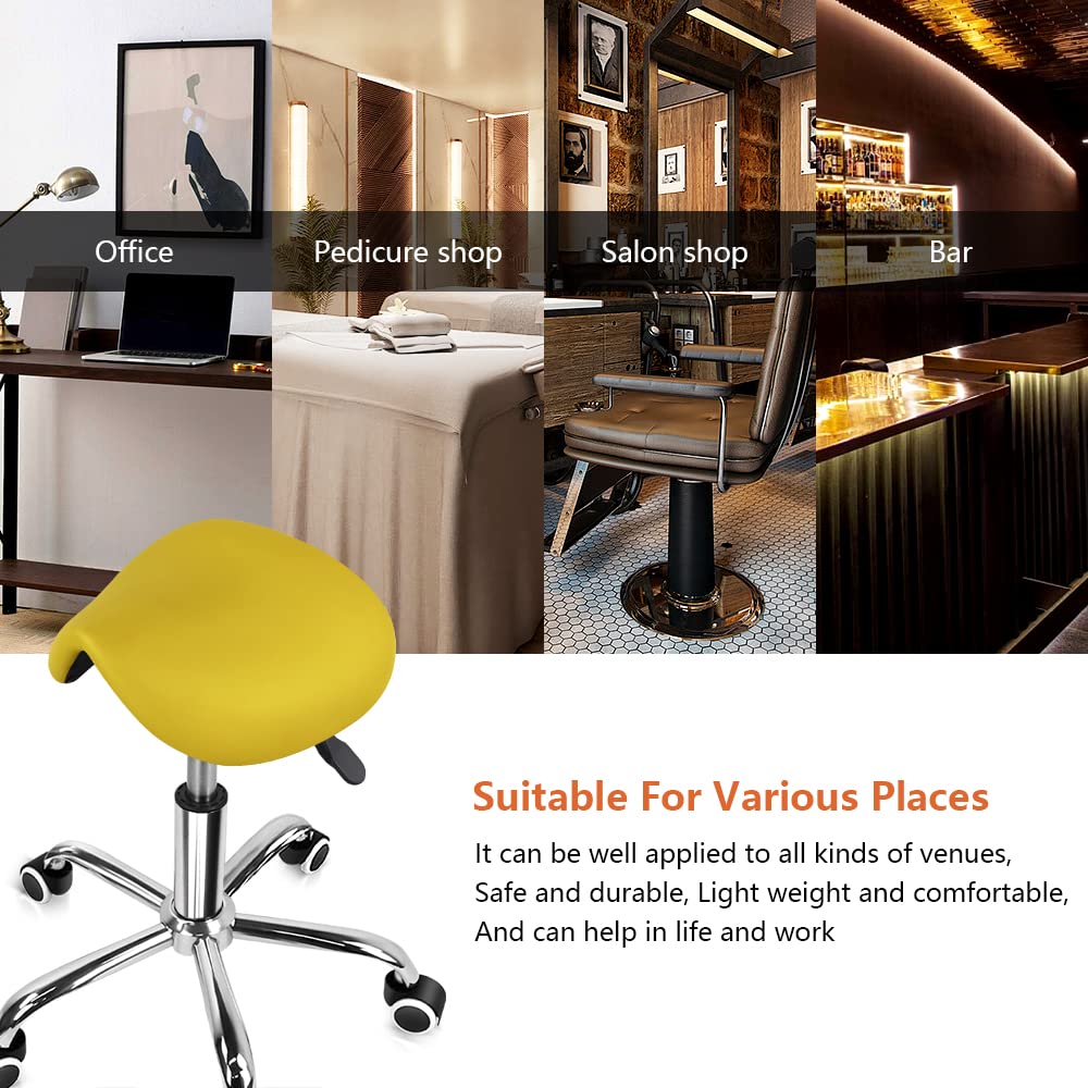 KKTONER Rolling Saddle Stool PU Leather Swivel Adjustable Rolling Stool with Wheels Salon Chair (Yellow)