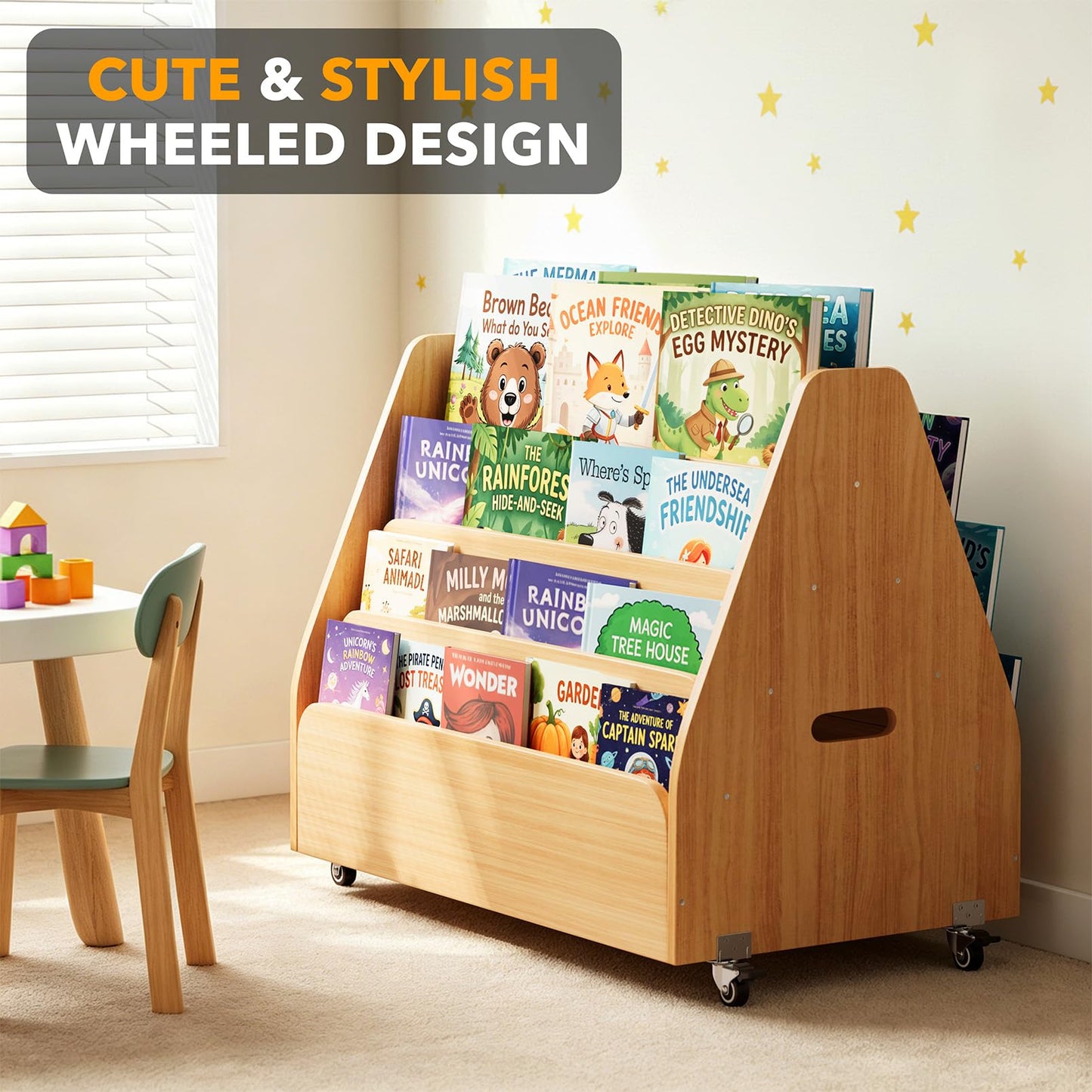 SpaceAid Double-Sided Mobile Bookshelf, Montessori Bookcase for Toddlers, Wooden Book Storage Organizer Shelf Furniture for Kids Rooms, Playroom, Nursery and Classroom, 29.5“ Wide 4-Tier, Natural