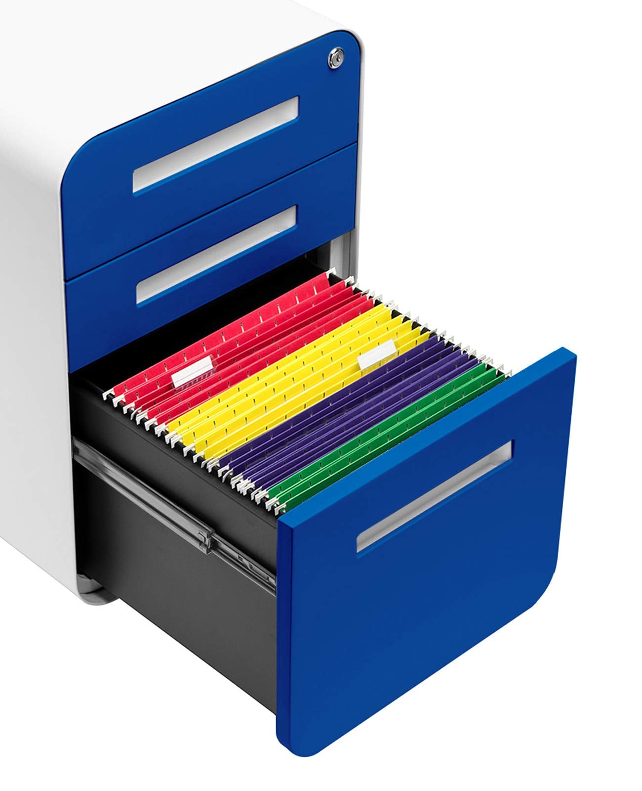 Laura Davidson Furniture Stockpile 3 Drawer File Cabinet with Lock - Under Office Desk Metal Filing Cabinet, Legal/Letter File Folders, Wheels and Stationary Feet, Pre-Assembled, Blue Faceplate