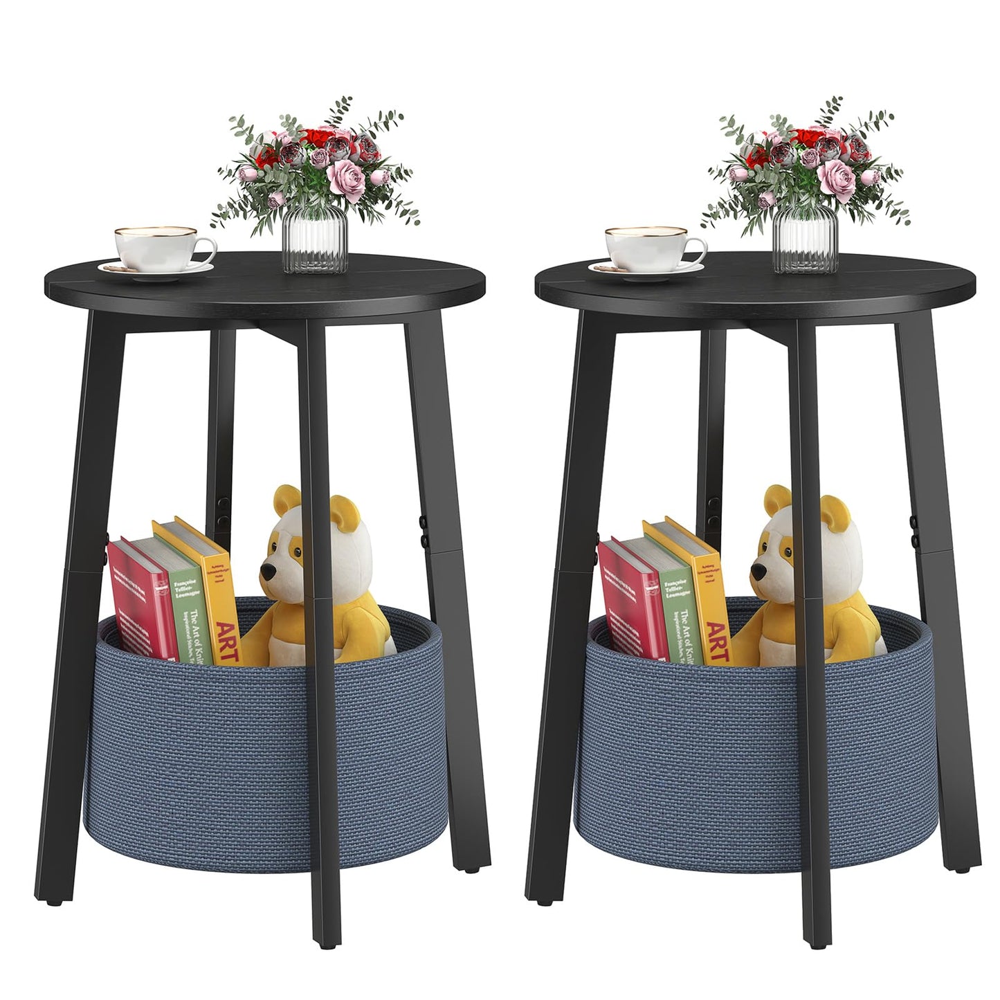 sthmec Small Round Side End Table Set of 2 with Cloth Storage Basket, Round Bedside Sofa Couch Coffee Tables for Small Places with Metal Frame, Modern Nighstands for Living Room Bedroom,Black