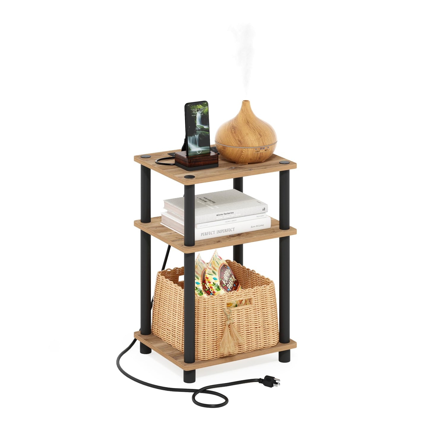 Furinno Just 3-Tier Turn-N-Tube USB and Type-C Charging Port End Table with Open Storage, 11.42 (W) x 8.82 (H) x 6.77 (D) inches, Flagstaff Oak/Black
