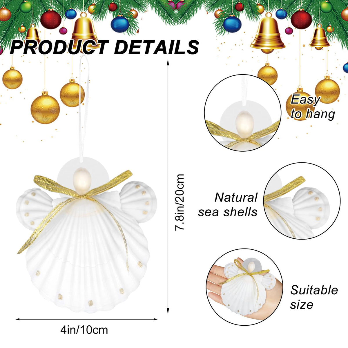 Seashell Angel Ornaments - 4PCS Handmade Natural Shell Crafts for Coastal & Beach Christmas Tree Hanging Ornaments