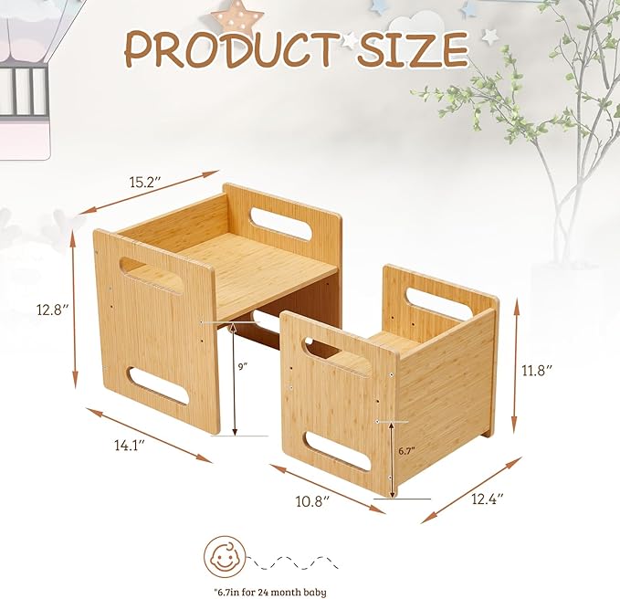 Montessori Table and Chair Set, Bamboo Wood Weaning Table and Chair Set