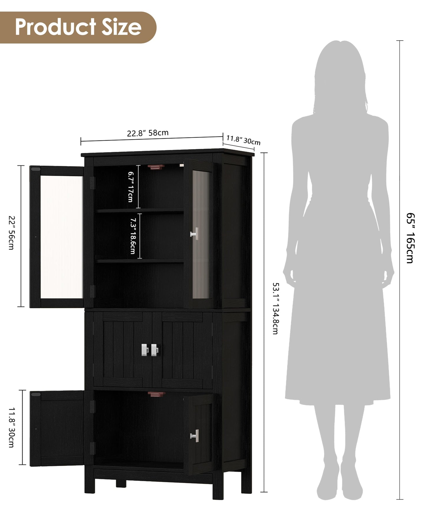 Akxomel 53.1" H Tall Bathroom Storage Cabinet, Bathroom Floor Cabinet with 6 Doors and Adjustable Shlef, Linen Cabinet, Pantry Cabinet for Living Room, Kitchen, Entryway, Black