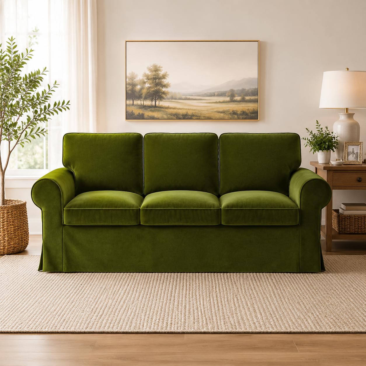 Velvet Pet-Friendly Replacement Sofa Cover Compatible for IKEA Ektorp 3 Seat Sofa Slipcovers, Couch Cover Only, 7-Piece Slipcover, Green, Couch Cover Not Include The Sofa Body