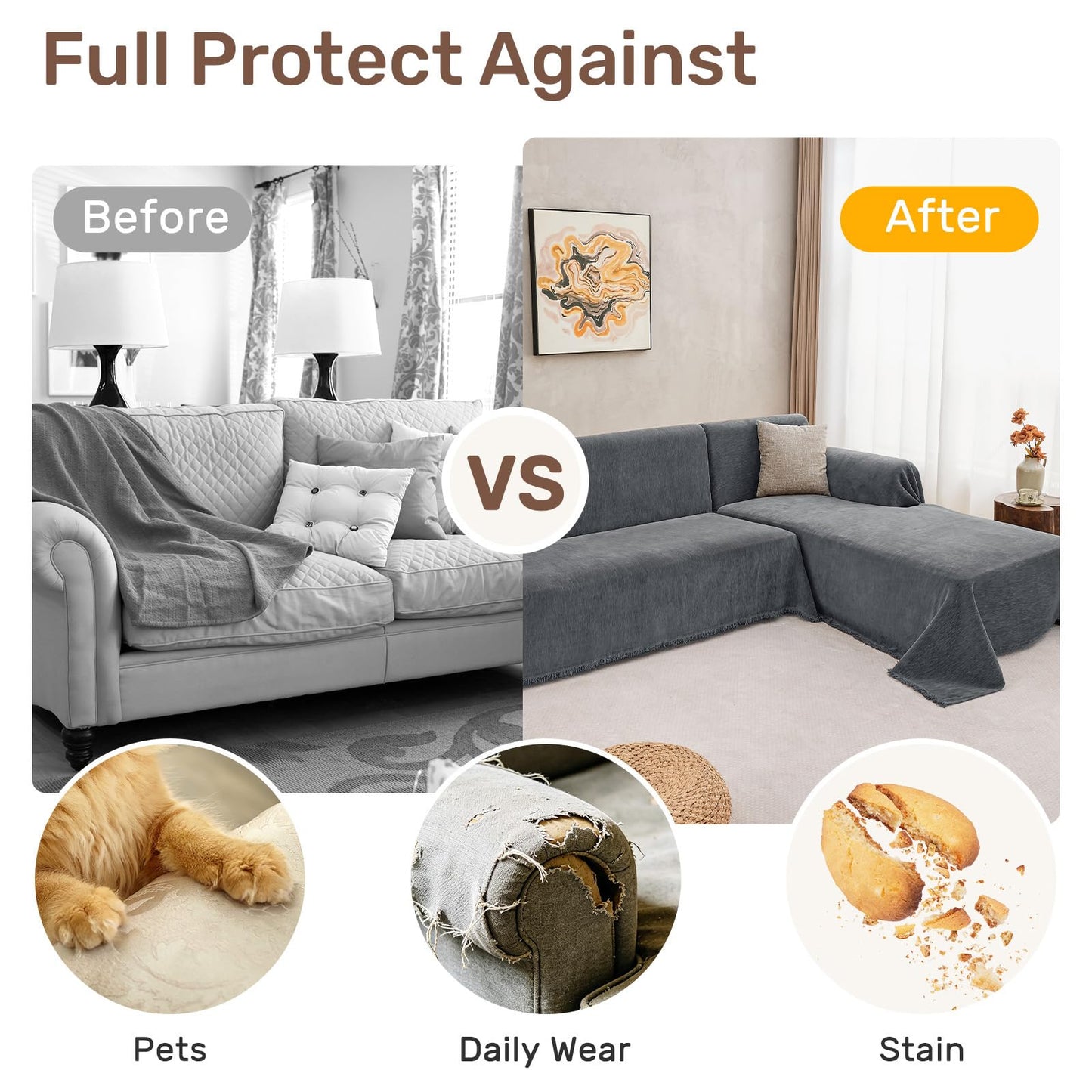 Houmiggle Sectional Couch Covers, 2 Pieces Washable L Shaped Couch Covers Sofa Blanket for Dogs Pet Friendly Sectional Sofa Slipcovers Furniture Covers,71"x118"+91"x134",(XXX-Large,Dark Gray)