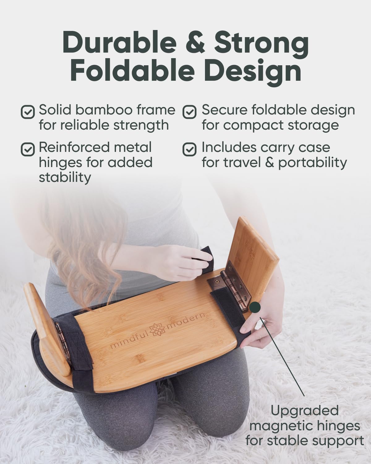 Mindful Modern Folding Meditation Bench - Bamboo Kneeling Stool w/Locking Magnetic Hinges - Prayer Kneeler Seiza Chair w/Soft Pillow & Travel Bag