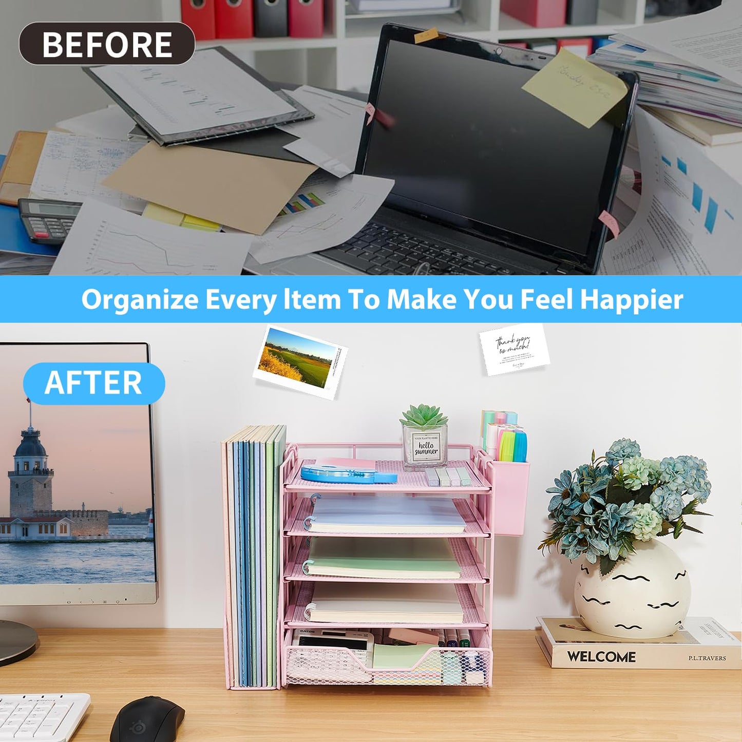 Gugsey Desk Organizers and Accessories, 5-Tier Paper Letter Tray Organizer with File Holder, Drawer & Pen Holder, Office Desk Accessories, Desktop Organizer for Classroom Office Supplies, Pink