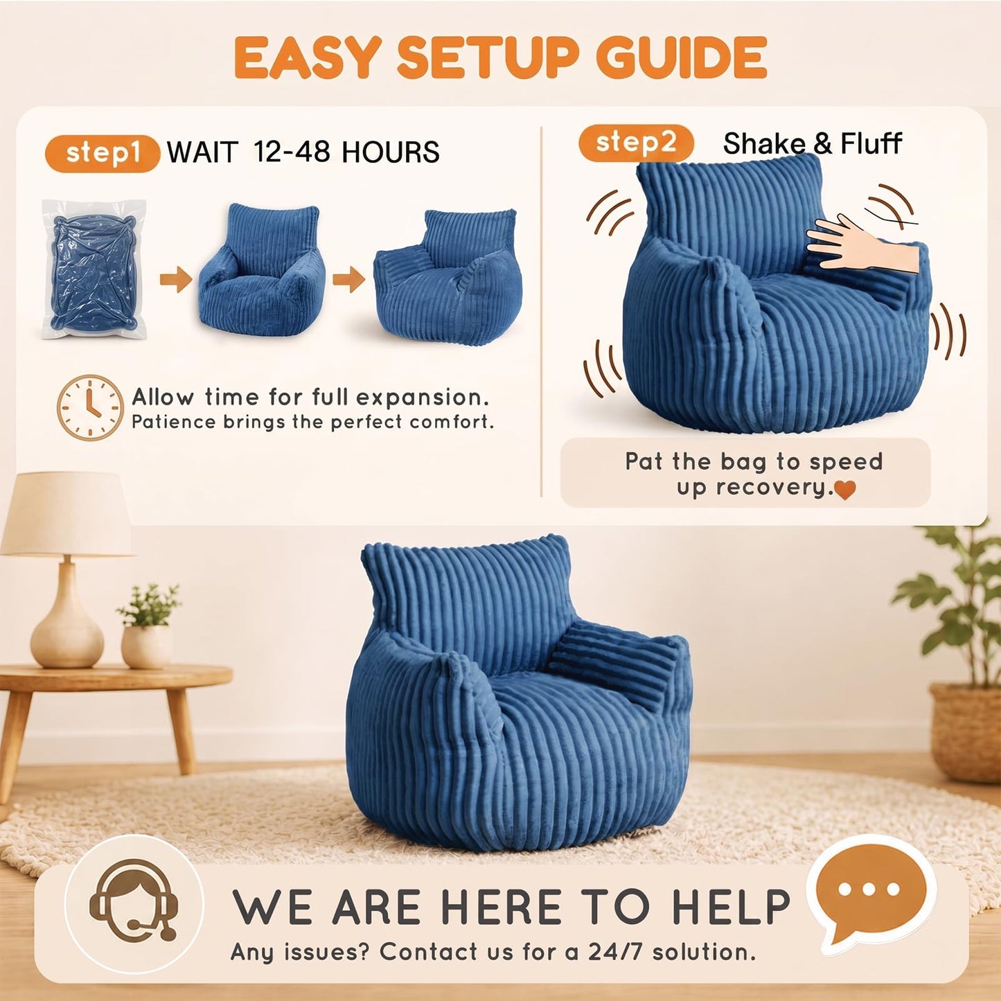 MaxiBean Bean Bag Chair - Plush Faux Fur Floor Seating Furniture Bean Bag Chair for Living Room, Bedroom, Playroom (2.5FT Stripe Blue)