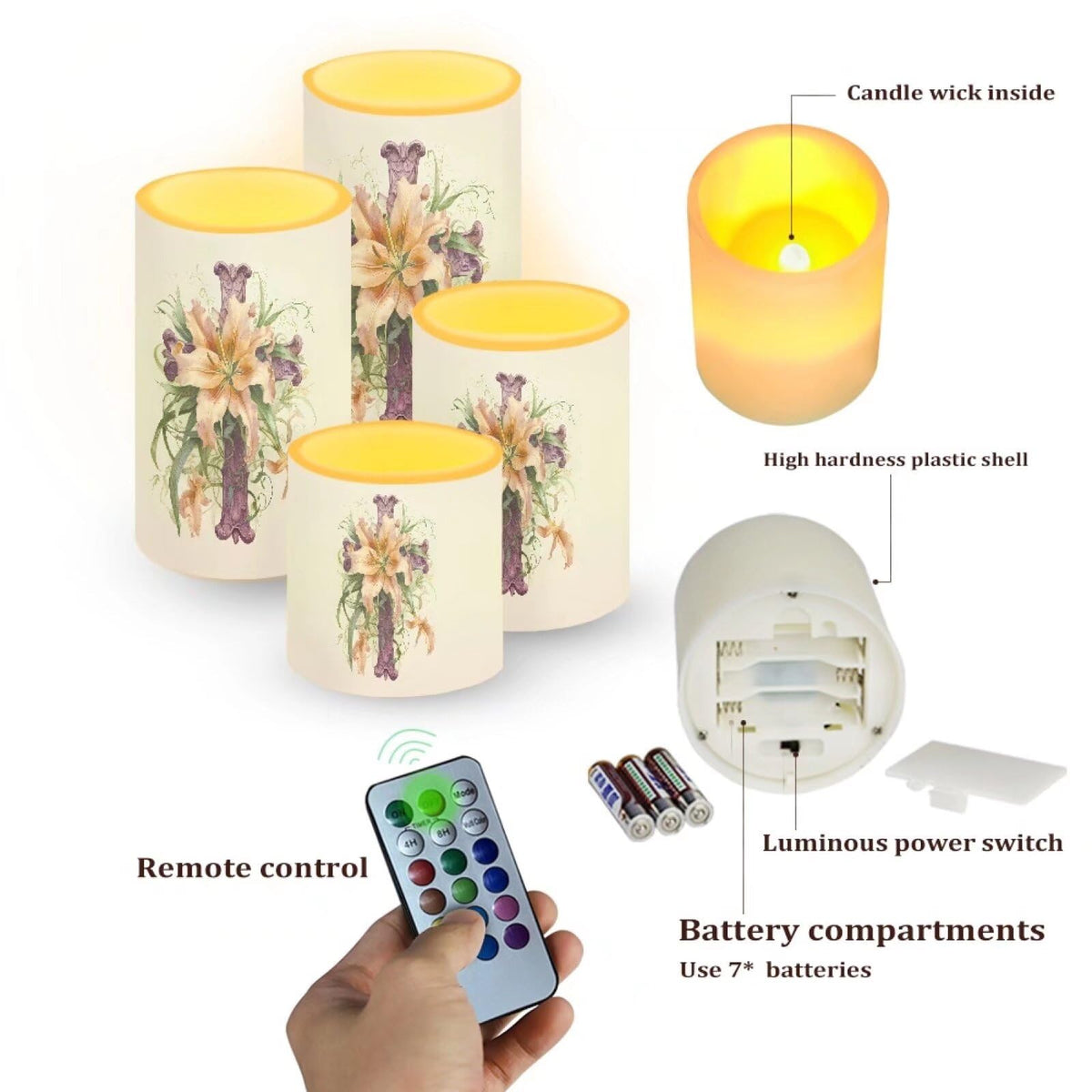 NETILGEN Easter Day Lily Flowers Print Flameless LED Candles Electric Candles with Remote Timer Control Long Lasting Pillar Candles Home Decoration Pack of 4