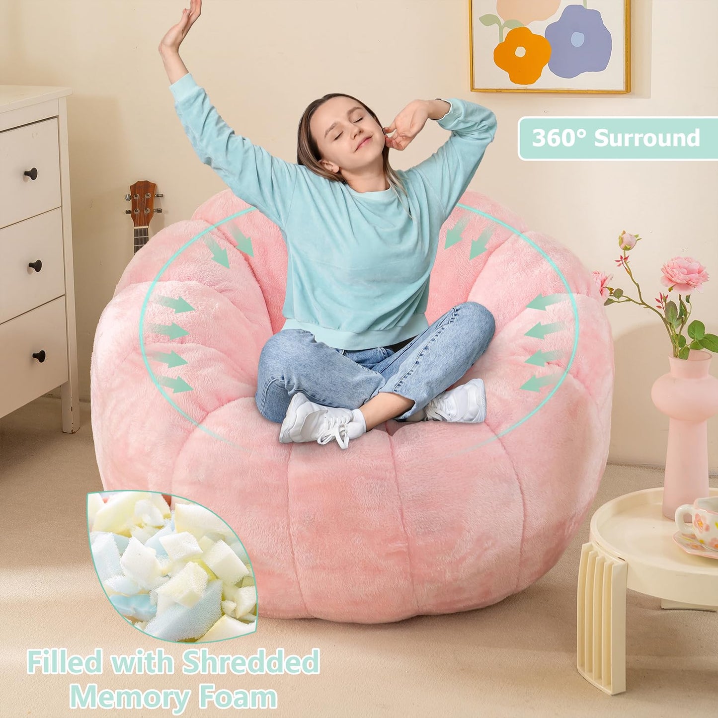 IEVENW Pumpkin Bean Bag Sofa Chair for Adult, Beanbag Couch with Filler for Reading and Relaxation, Comfy and Lazy Sofa for Dorm, Apartment, Living Room and Bedroom, Pink