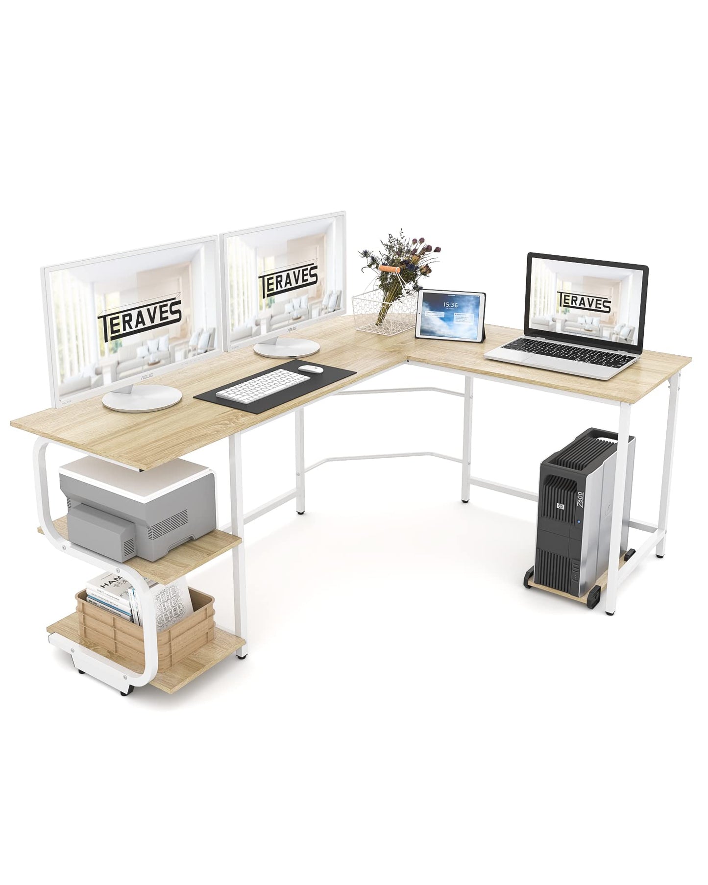 Teraves Reversible L Shaped Desk with Large Surface, 69 Inch Sturdy Corner Desk with Storage Shelves, Premium Office Computer Desk Workstation for Home Office Gaming