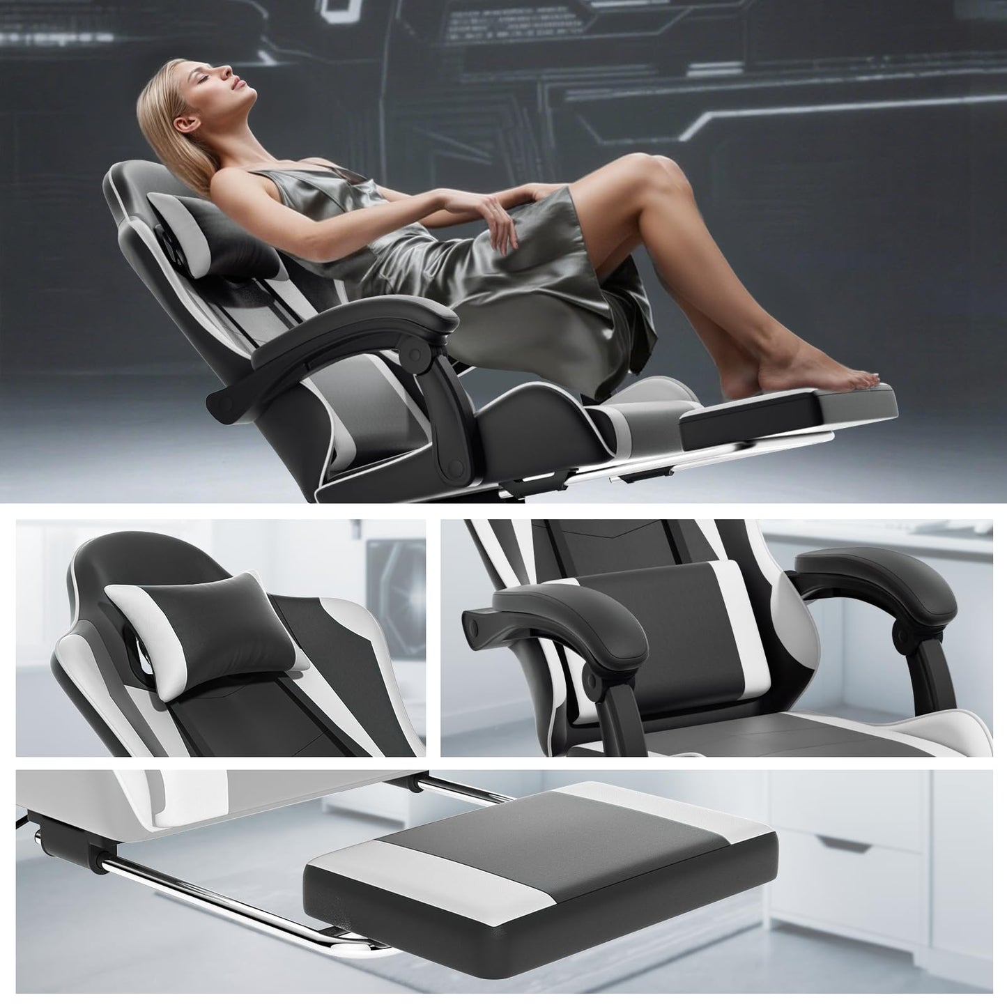 Athena Collection Ergonomic Gaming Chair with Footrest & Headrest Lumbar Support, Height Adjustable Swivel Office Chair Reclining Game Chair High Back Computer Chair for Adults, White