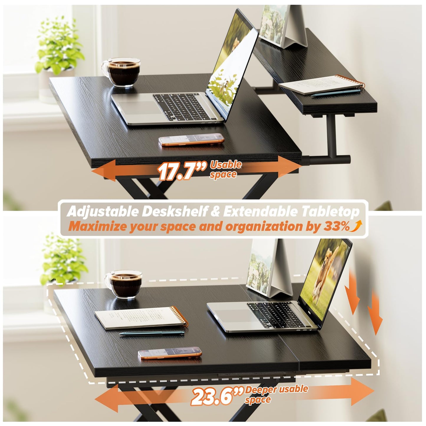 WOHOMO Folding Computer Desk with Adjustable Height, 23.6" x 31.5" x 25.6" Foldable Table with Monitor Stand, Small Office Desk for Bedroom, Space Saving Desk for Home Office, Easy Assemble, Black
