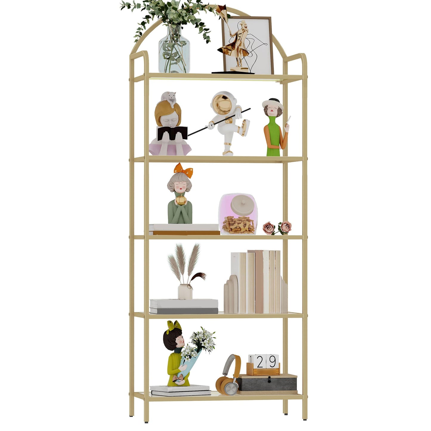 Hzuaneri Bookcase Bookshelf, Tempered Glass Bookshelves, Slim Shelving Unit for Bedroom, Bathroom, Home Office, Steel Frame, 5 Tier Gold BC21599G