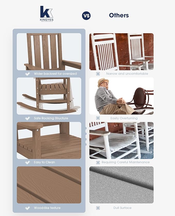 KINGYES Oversized Outdoor Rocking Chair Set of 2, All-Weather Patio Rocking