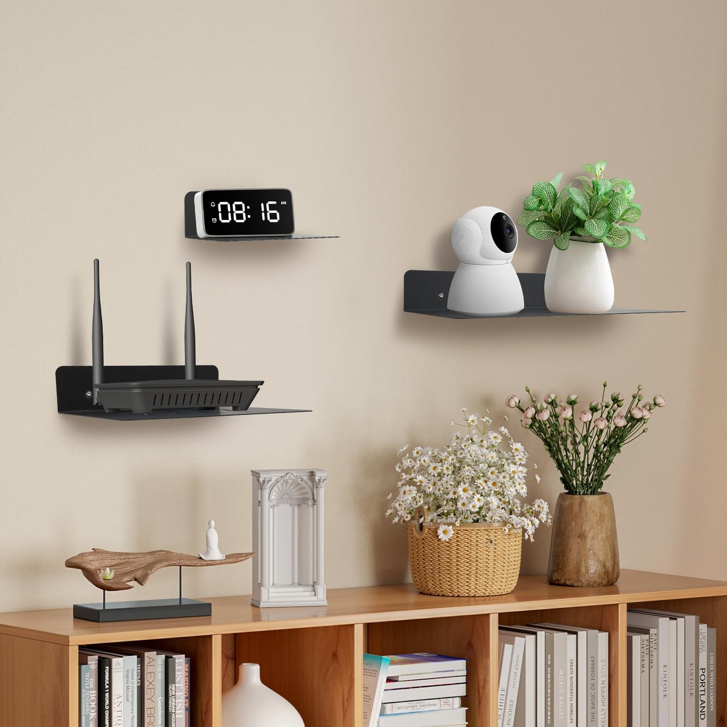 MZDMY Steel Floating Shelves for Wall,Small Wall Shelf，Suitable for Bedroom, Living Room, Bathroom, Kitchen, Office (Black, 2Pack 9.06x6.89 in)