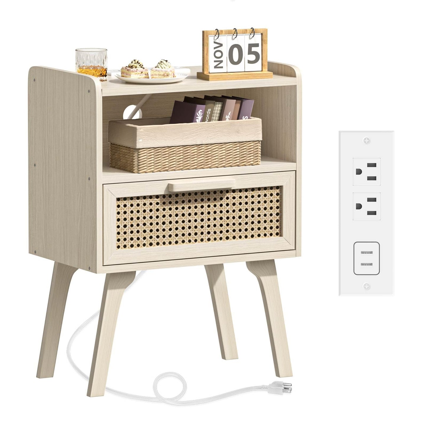 Lerliuo Rattan Nightstand with Charging Station, Side Table with Drawer Open Shelf, Cane Accent Bedside End Table with Solid Wood Legs, Night Stand for Bedroom, Dorm and Small Spaces (Grey White)