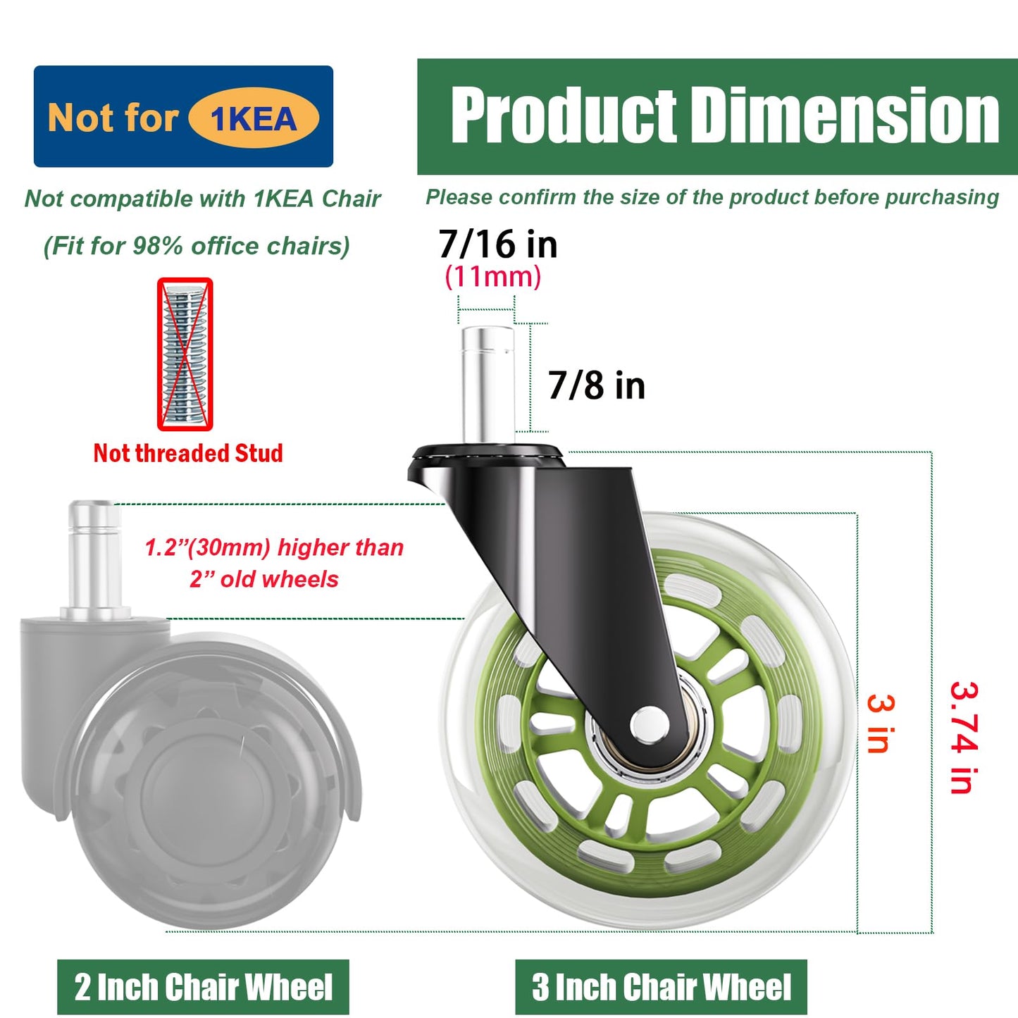 TESUMI Green Office Chair Wheels 3" Roller Blade Rubber Chair Casters Replacement, Heavy Duty Quiet No Scratch Gaming Chair Wheel for Hardwood Floor Carpet, Set of 5, 11mm Universal Fit/Not for 1KEA