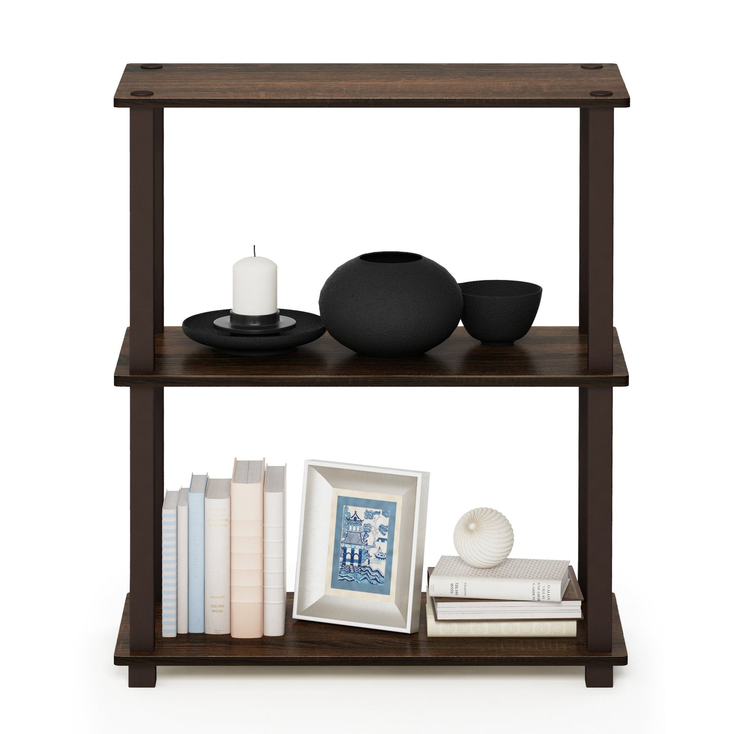 Furinno TURN-S-TUBE Storage Shelves, 3-Tier Book Shelf, Corner Shelf, Toolless Open Shelves, for Organization and Storage, Living Room, Garage, Home Office, Walnut