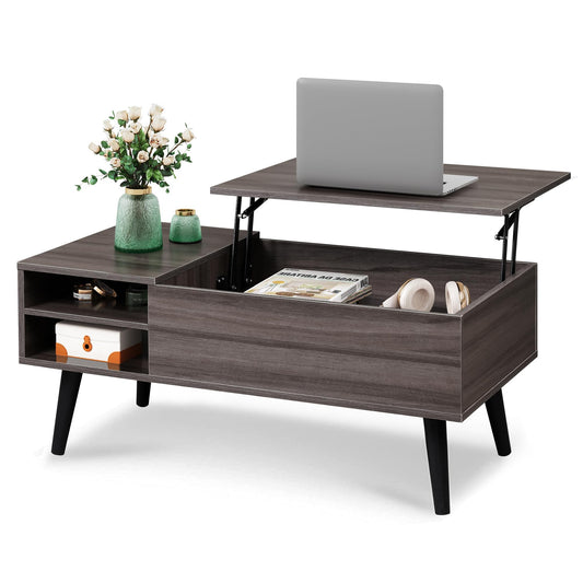 WLIVE Lift Top Coffee Table for Living Room, Small Coffee Table with Storage, Adjustable Shelf and Storage Compartment, Mid Century Modern Living Room Table, Wood, Grey