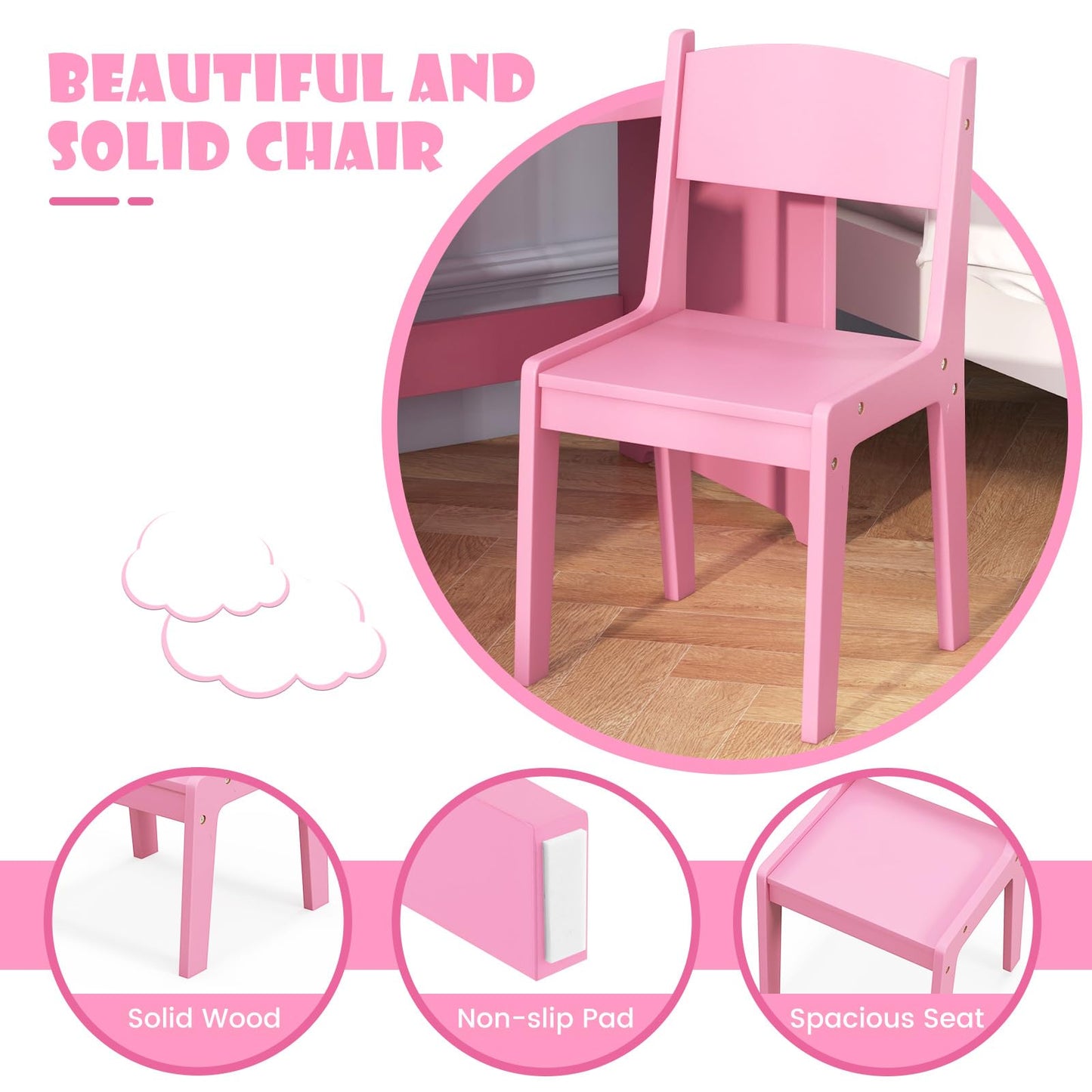 INFANS Kids Vanity, Princess Makeup Desk and Chair Set with Lights Mirror Drawer Storage Shelves, Wooden Dressing Table, Pretend Play Vanity Set for Girls