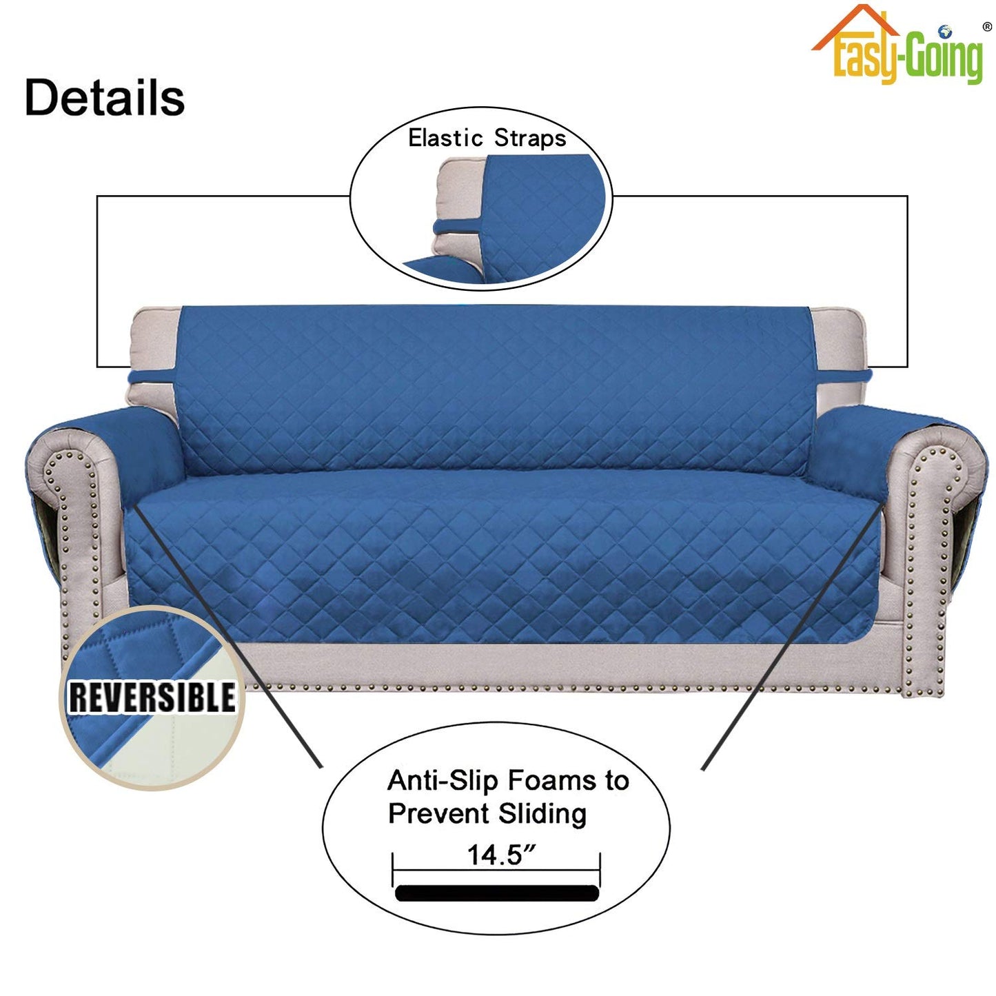 Easy-Going Reversible Couch Cover for 3 Cushion Couch Sofa Cover for Dogs Water Resistant Furniture Protector Cover with Foam Sticks Elastic Straps for Pet Cat (Sofa, Blue/Ivory)