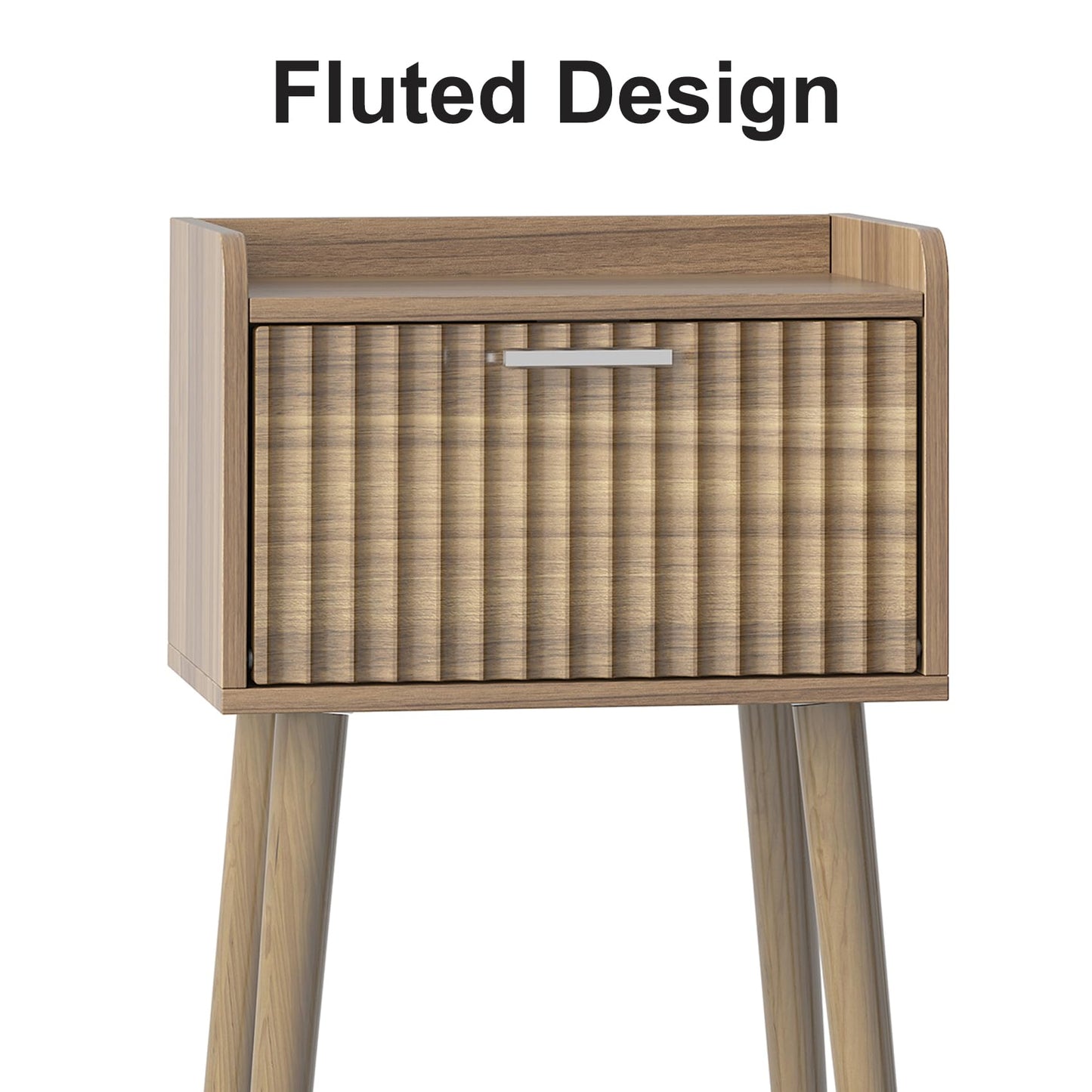 LAATOOREE Small Nightstand Set of 2, Side End Table with Fluted Door, Bedside Table with Solid Wood Legs, Mid-Century, for Bedroom, Small Beds